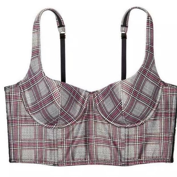 VICTORIA’S SECRET DREAM ANGELS LIGHTLY LINED LONG LINE SATIN BRA PLAID Size 34C - Picture 1 of 11